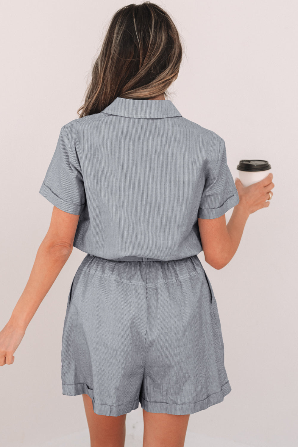 Blue Stripe Chest Pockets Buttoned Belted High Waist Romper-Chaelisa's New Jammies