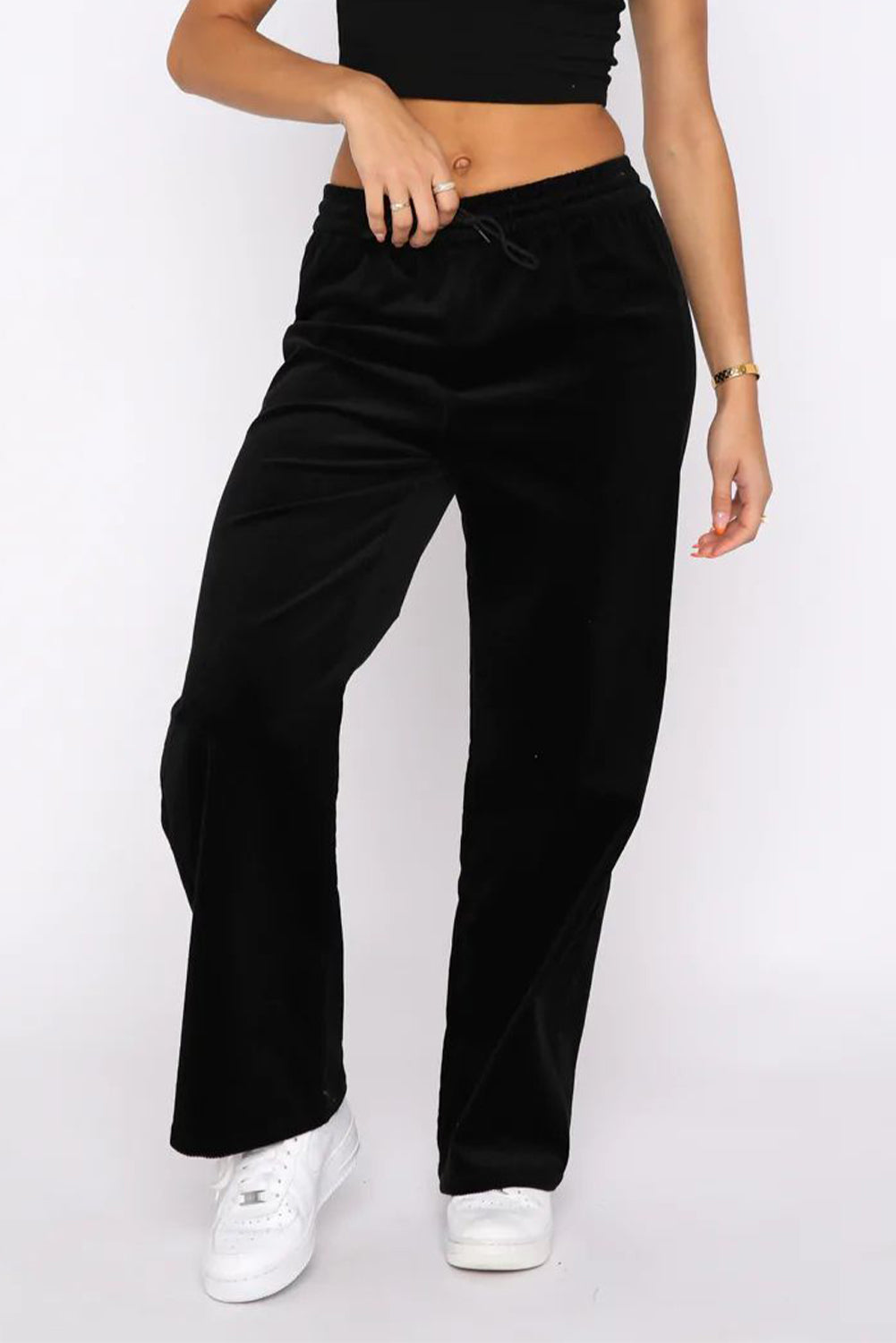 Black Solid Drawstring Waist Wide Leg Pants-Chaelisa's New Jammies