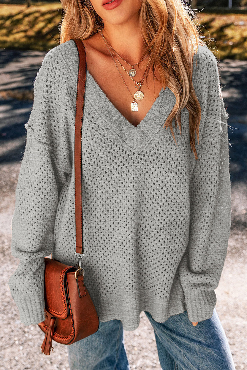 Light Grey Loose Eyelet V Neck Drop Shoulder Sweater-Chaelisa's New Jammies