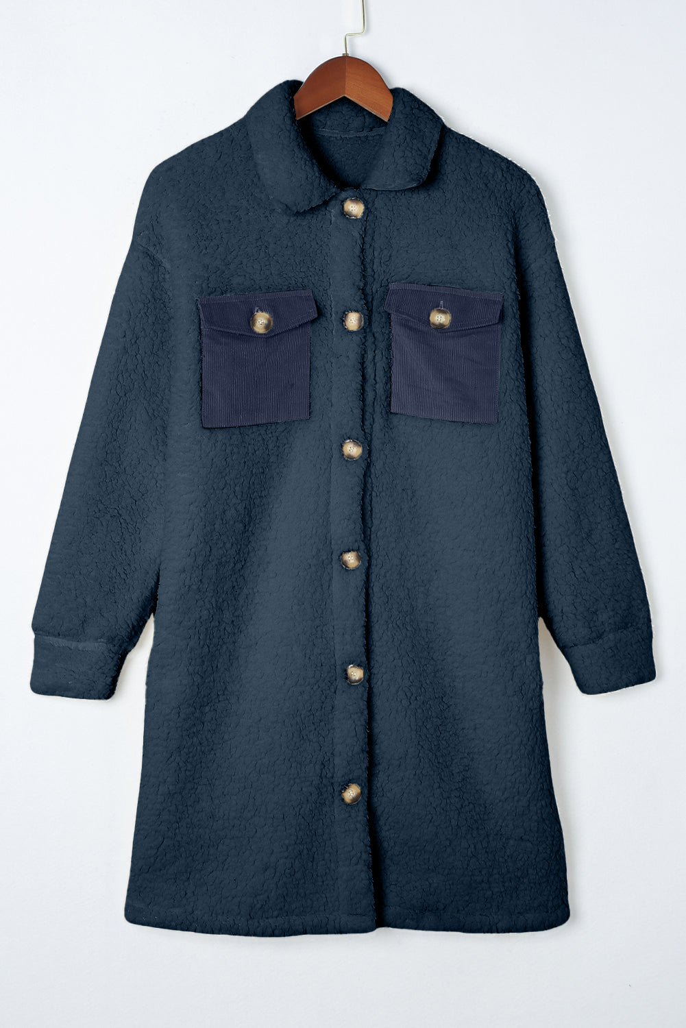 Blue Contrast Flap Pocket Single Breasted Teddy Coat-Chaelisa's New Jammies