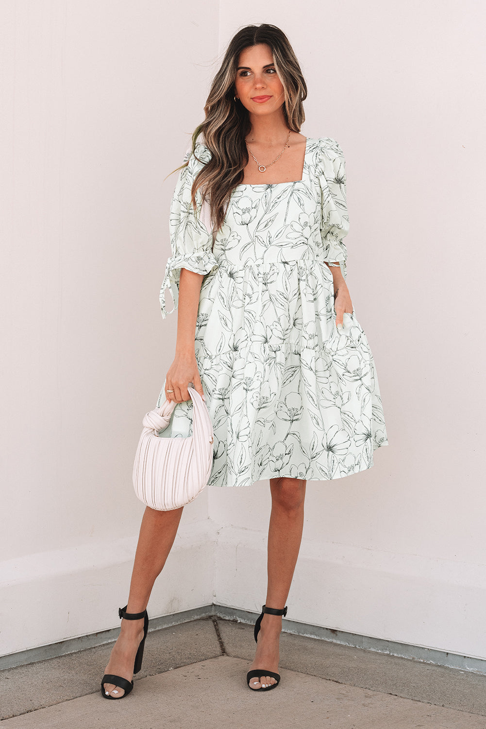 Beige Floral Print Square Neck Shirred Back Puff Sleeve Mini Dress-Chaelisa's New Jammies