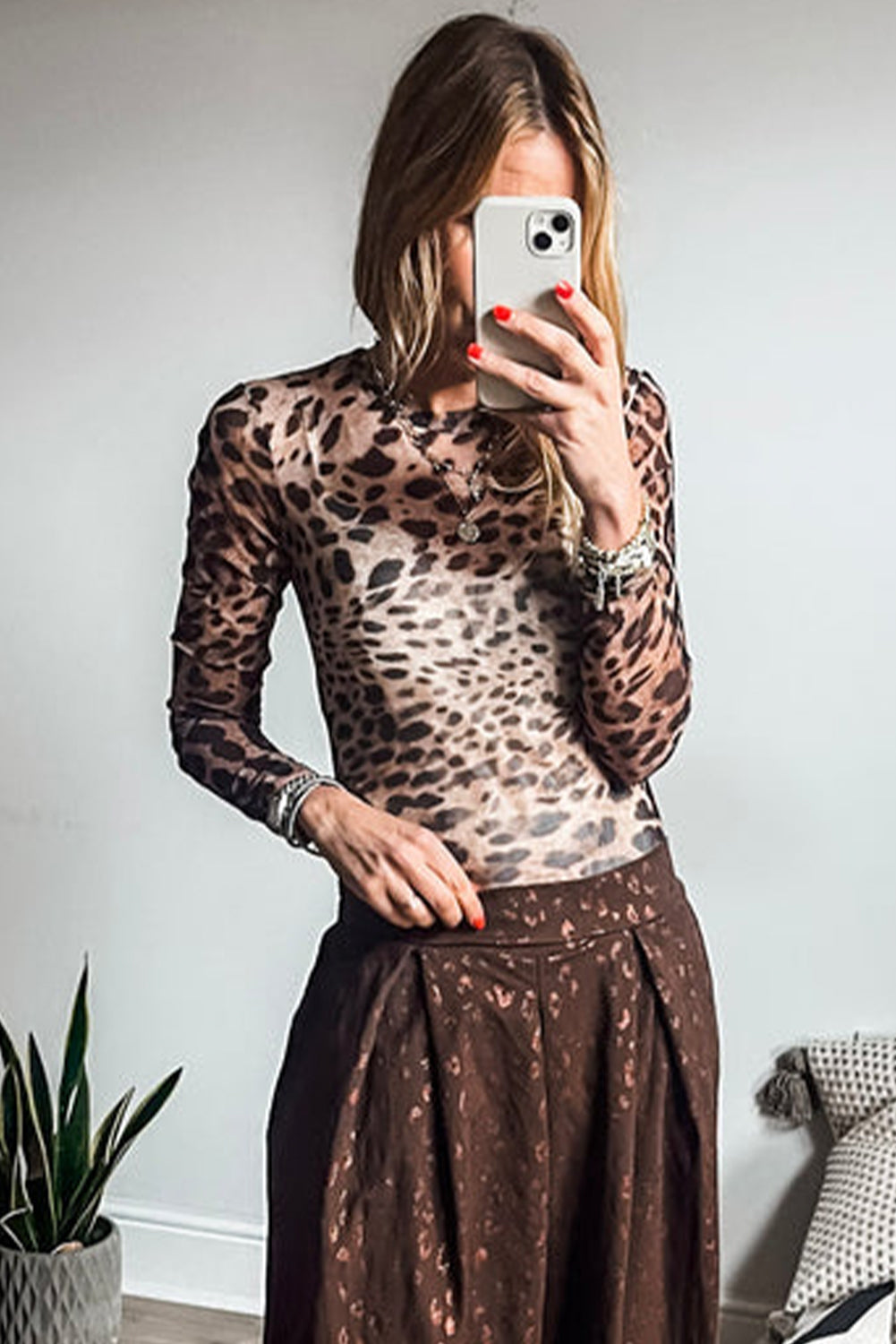 Brown Leopard Round Neck Long Sleeve Slim Top-Chaelisa's New Jammies