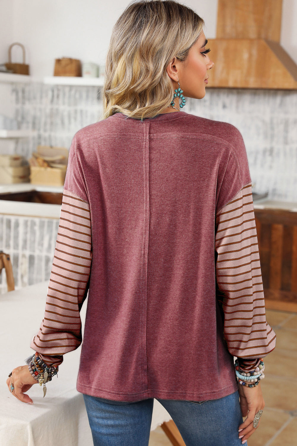 Peach Blossom Colorblock Striped Bishop Sleeve Top-Chaelisa's New Jammies