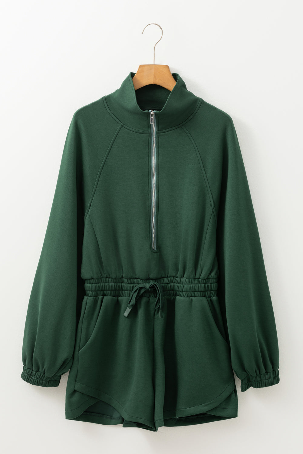 Blackish Green Collared Half Zip French Terry Knit Drawstring Casual Romper-Chaelisa's New Jammies