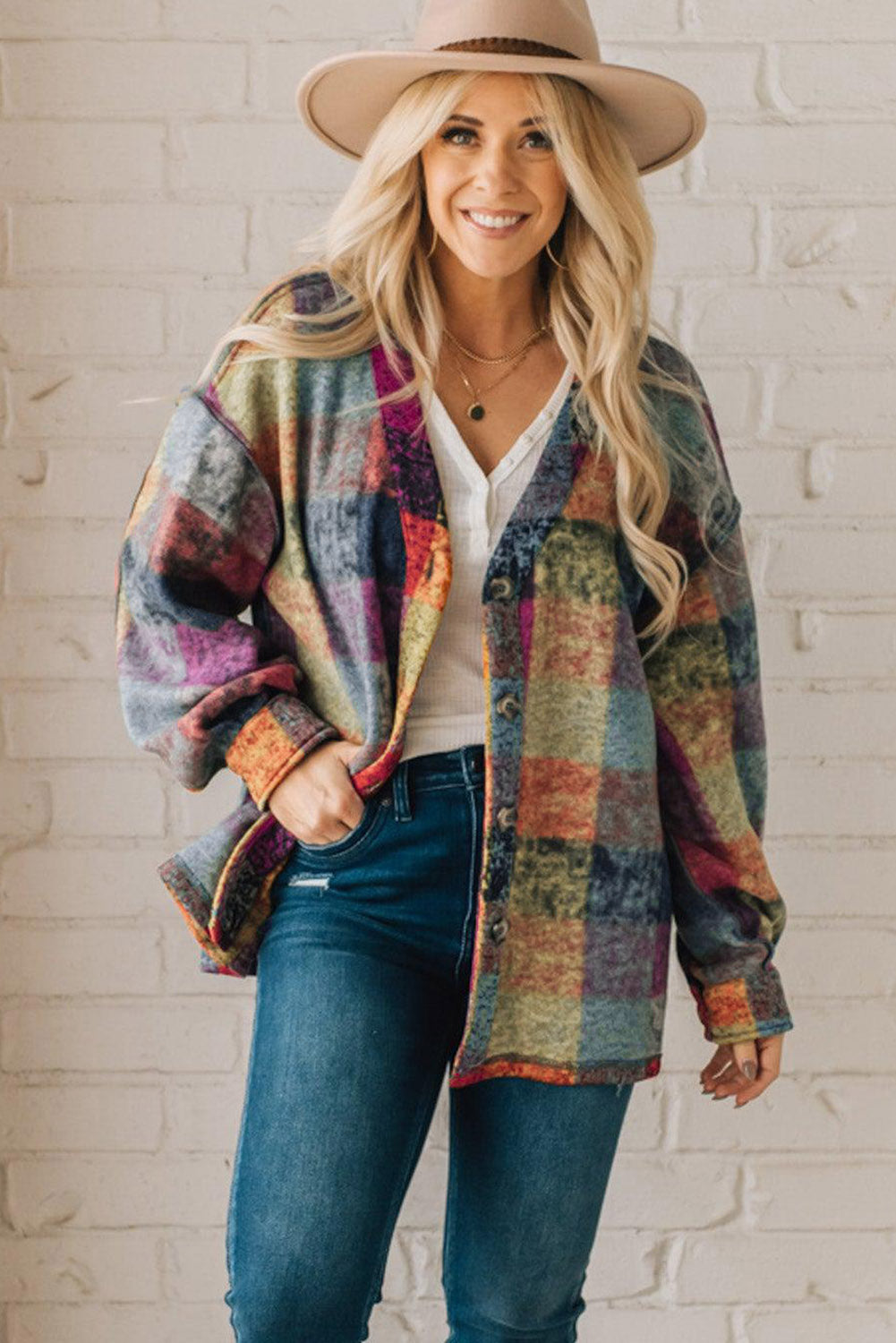 Multicolor Brushed Checked Western Buttoned Jacket-Chaelisa's New Jammies