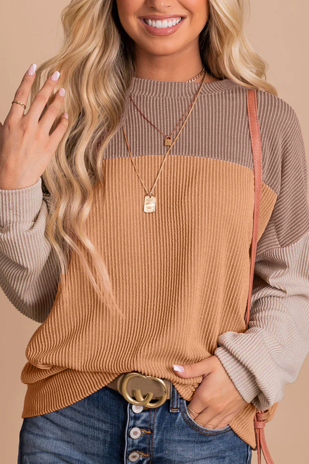 Khaki Color Block Long Sleeve Ribbed Loose Top-Chaelisa's New Jammies