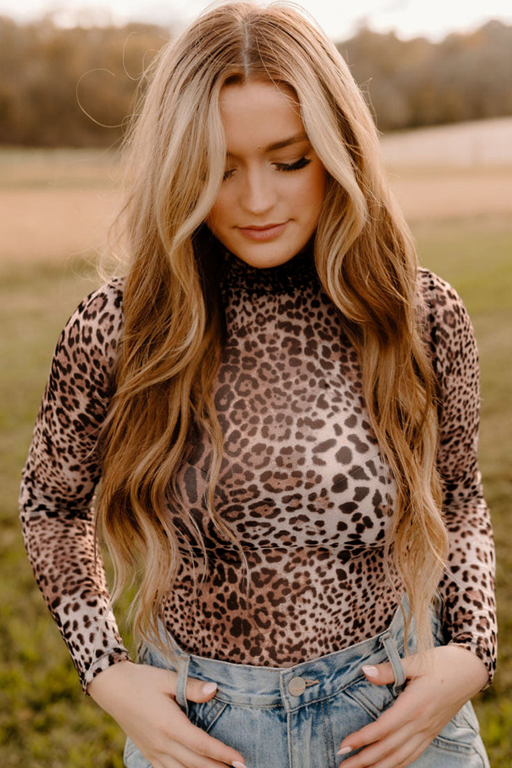 Brown Leopard Smocked Neck Mesh Long Sleeve Bodysuit-Chaelisa's New Jammies