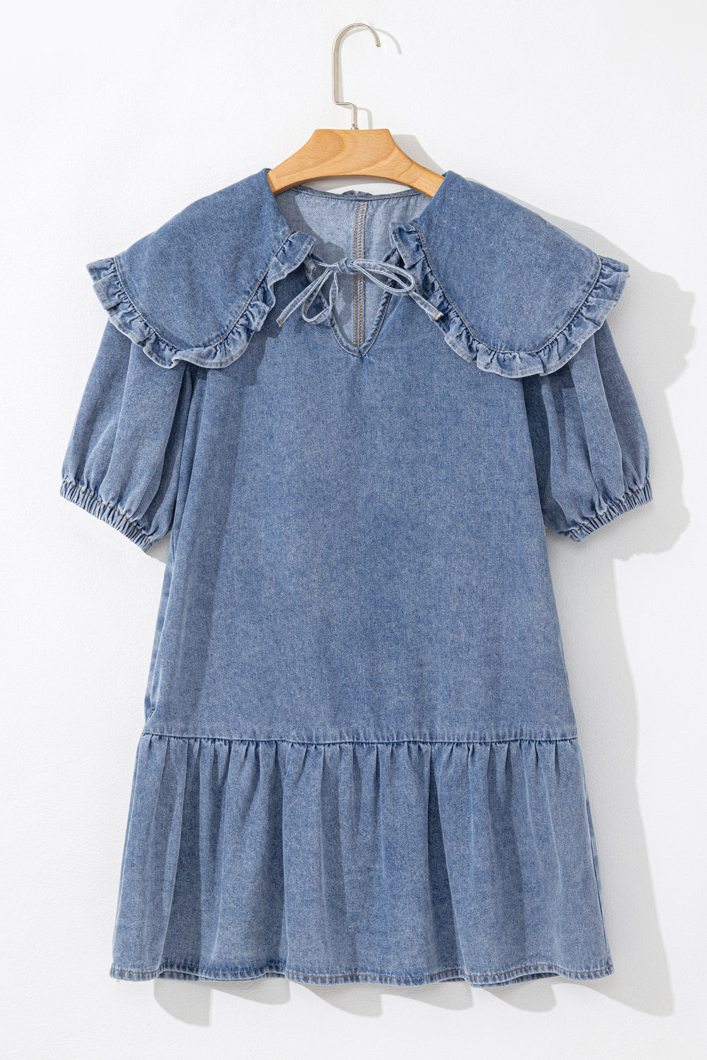 Dusk Blue Ruffled Collared Side Pockets Puff Sleeve Denim Mini Dress-Chaelisa's New Jammies