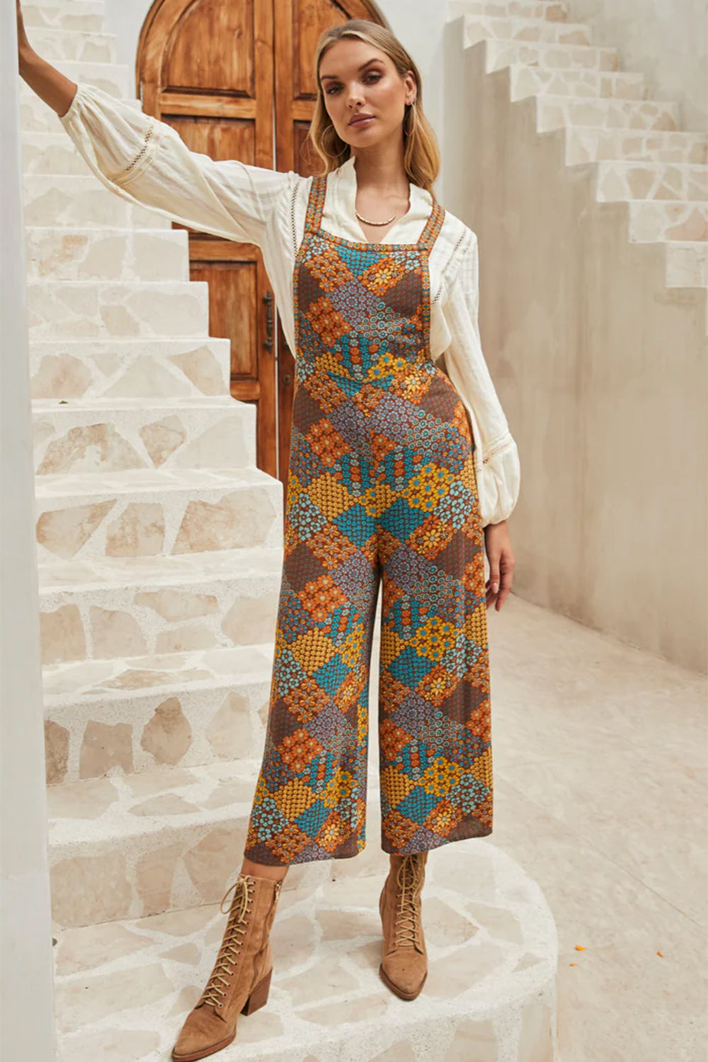 Multicolour Boho Floral Print Crossed Straps Ankle-length Jumpsuit-Chaelisa's New Jammies