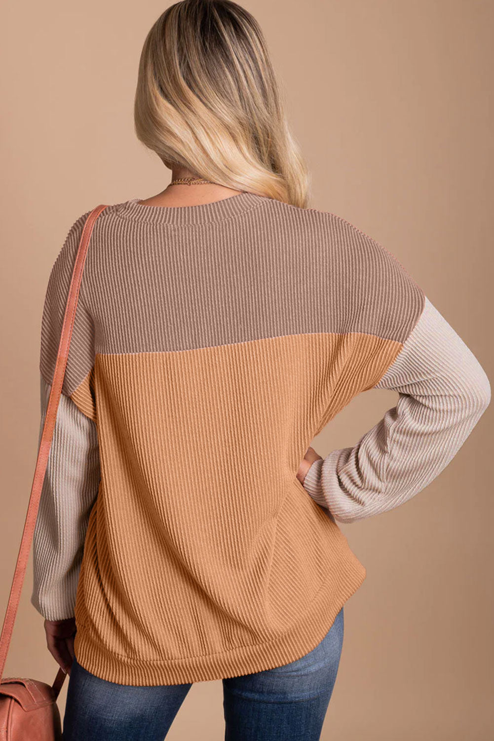 Khaki Color Block Long Sleeve Ribbed Loose Top-Chaelisa's New Jammies
