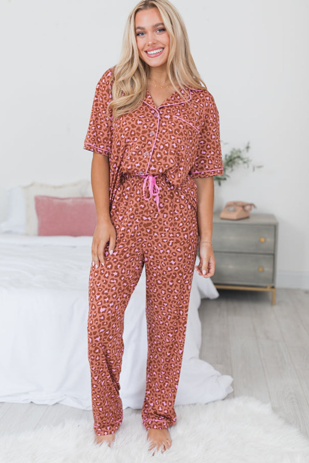 Brown Leopard Print Short Sleeve Shirt and Pants Pajamas Set-Chaelisa's New Jammies