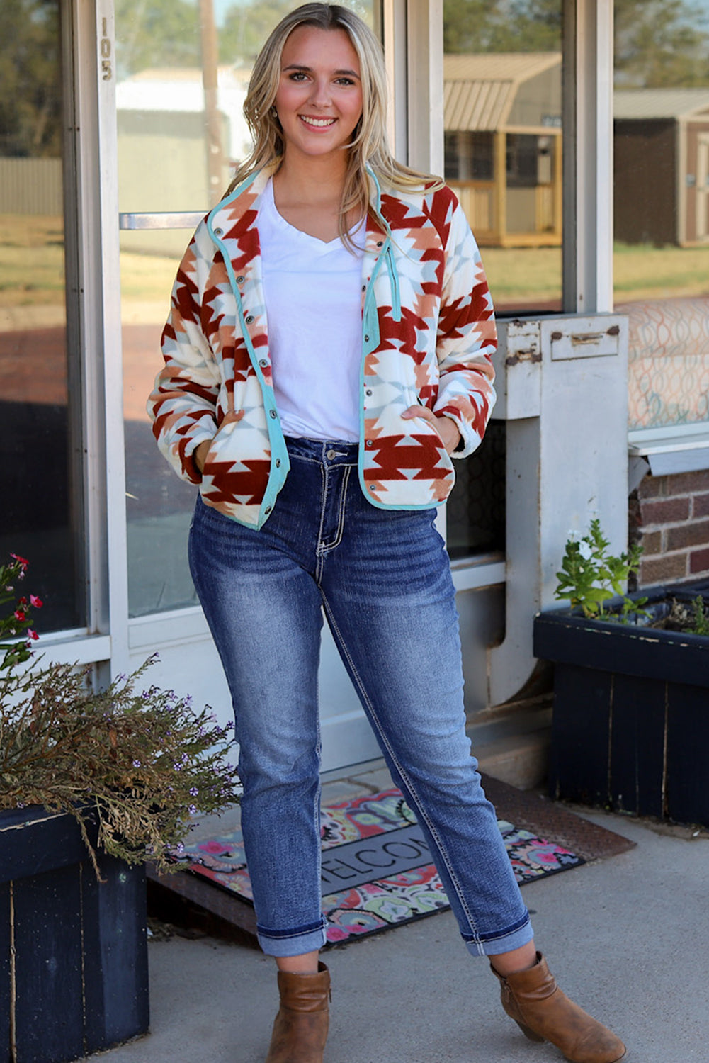Fiery Red Western Aztec Buttoned Zipper Pockets Fleece Jacket-Chaelisa's New Jammies