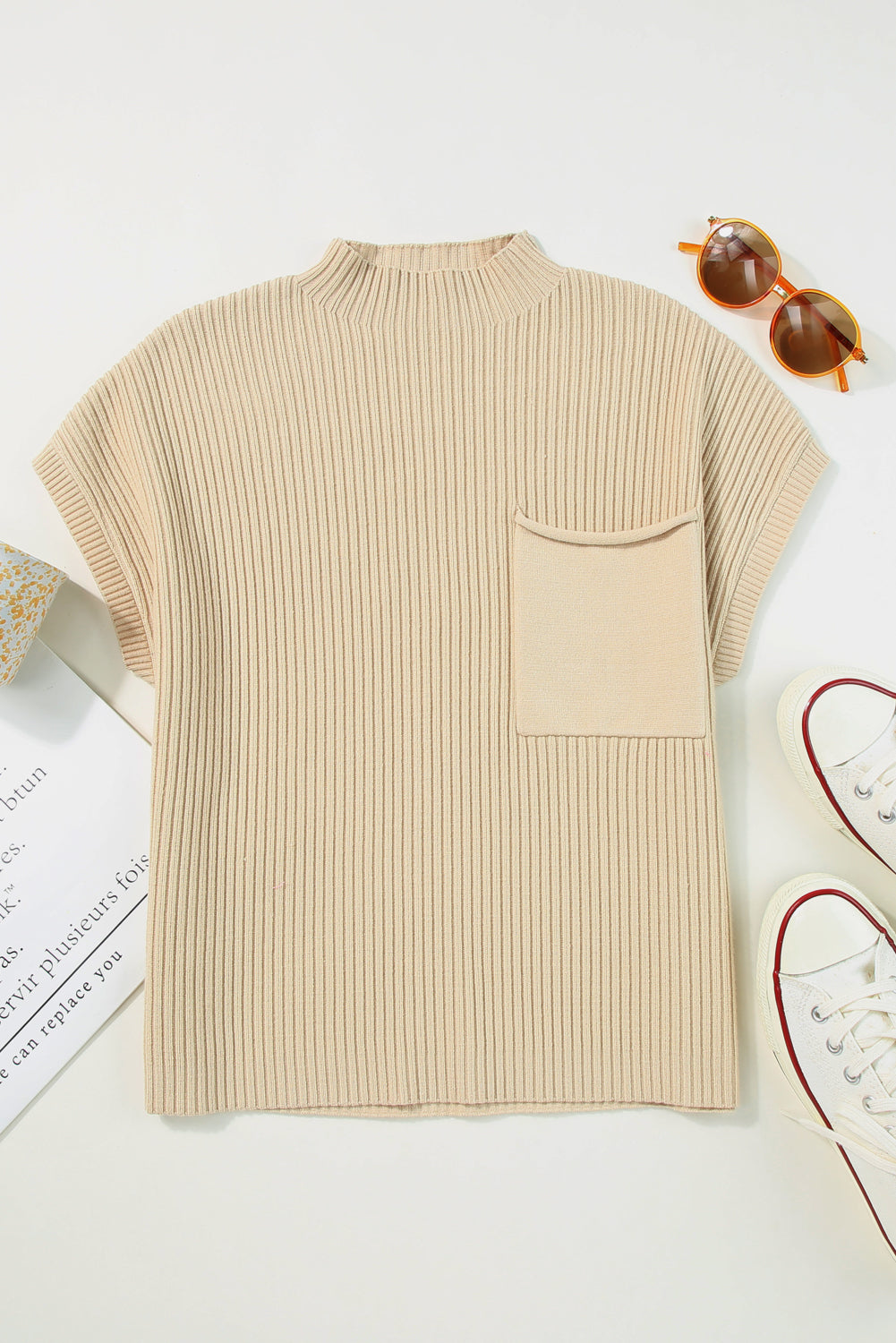Black Patch Pocket Ribbed Knit Short Sleeve Sweater-Chaelisa's New Jammies