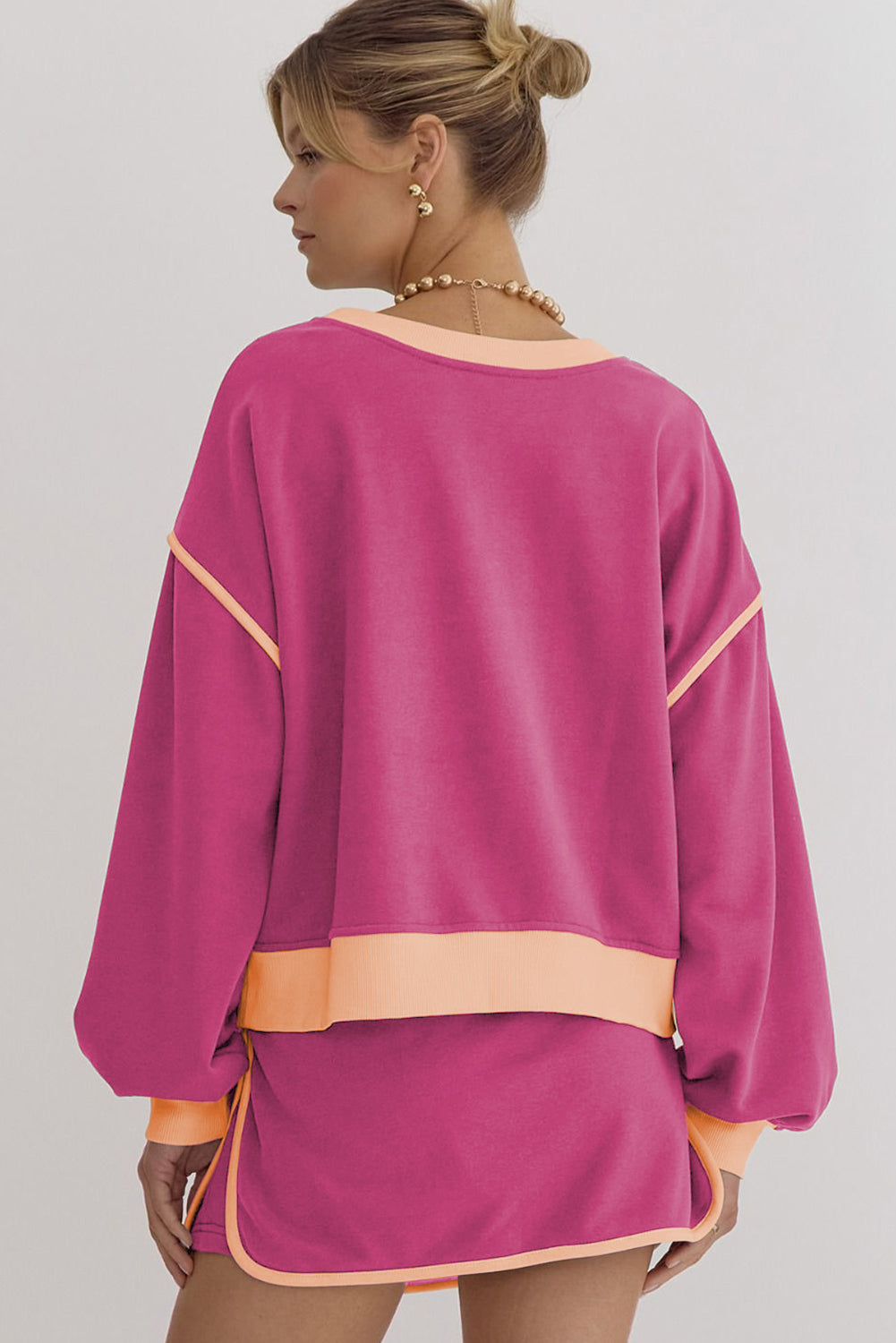 Rose Red Color Contrast Loose Pullover and Lace-up Waist Skort Set-Chaelisa's New Jammies