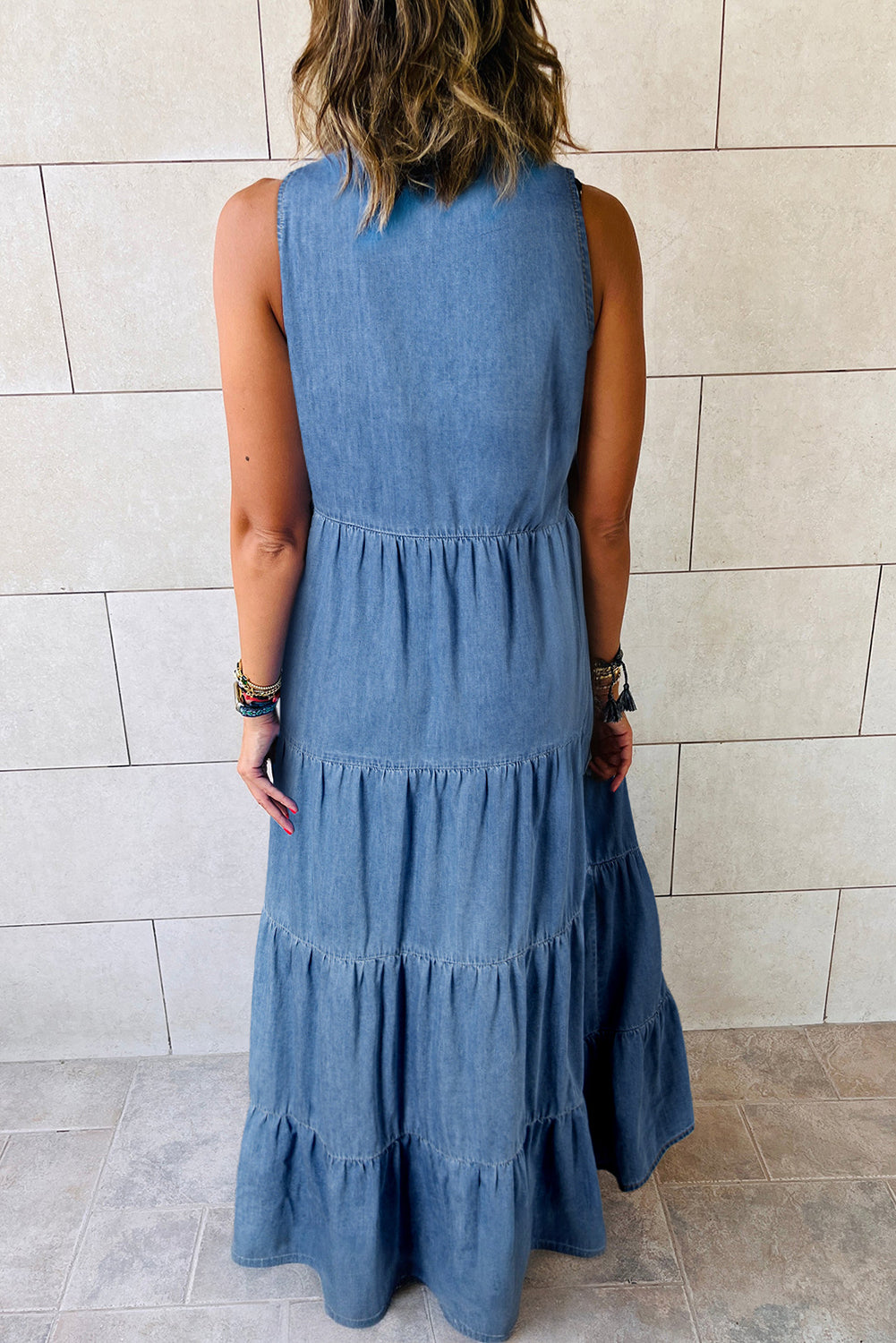 Blue Sleeveless Tiered Chambray Maxi Dress-Chaelisa's New Jammies