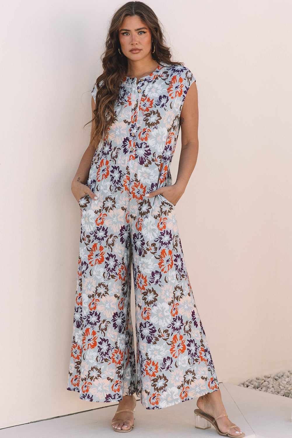 Sky Blue Floral Sleeveless Buttoned Pocketed Wide Leg Jumpsuit-Chaelisa's New Jammies