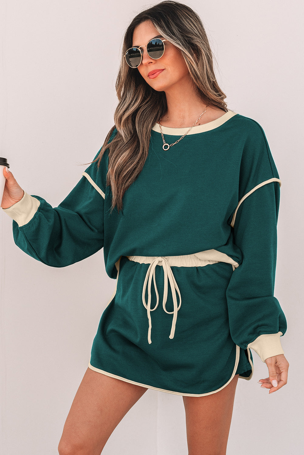 Evergreen Color Contrast Loose Pullover and Lace-up Waist Skort Set-Chaelisa's New Jammies