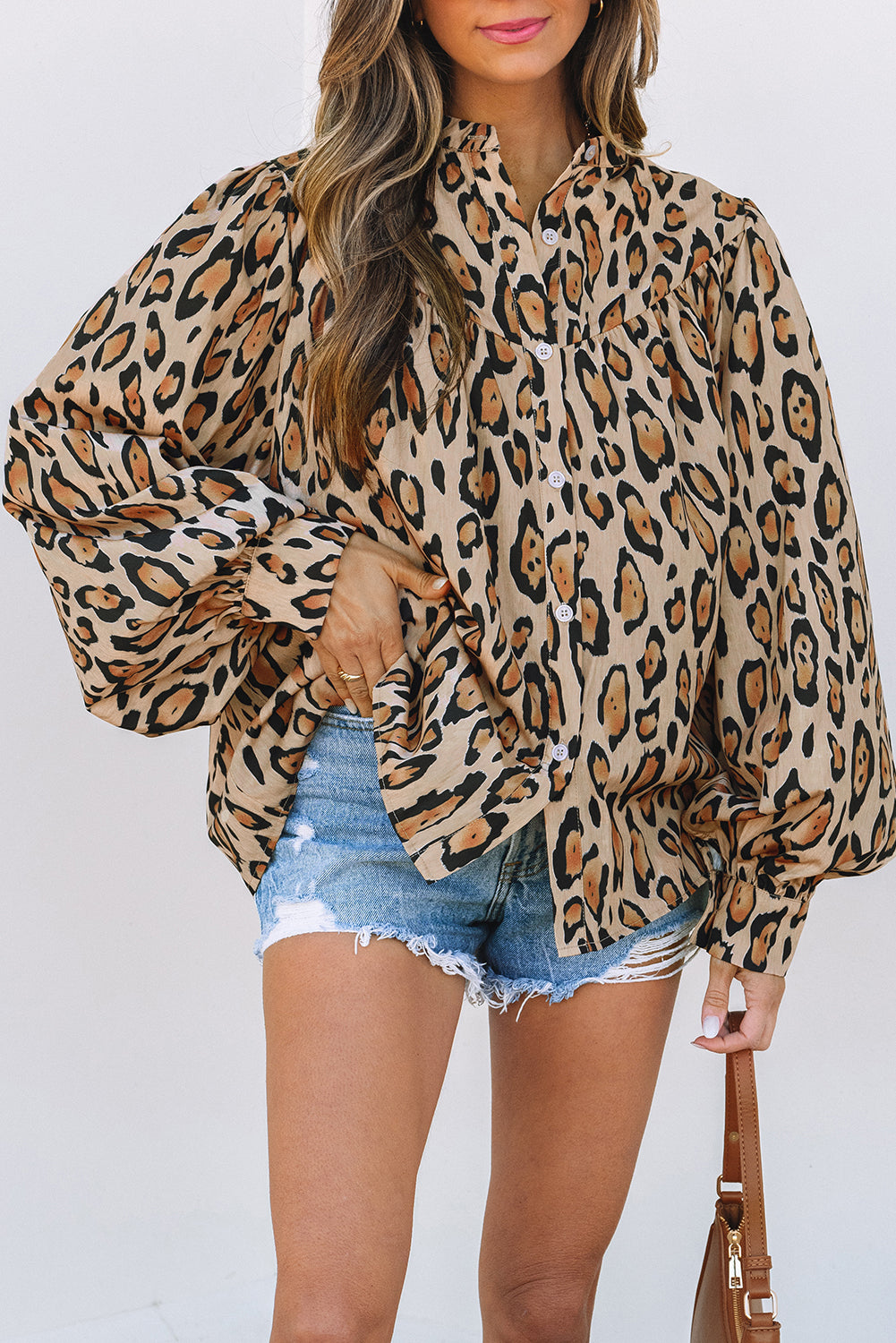 Light French Beige Oversized Leopard Print Balloon Sleeve Casual Shirt-Chaelisa's New Jammies