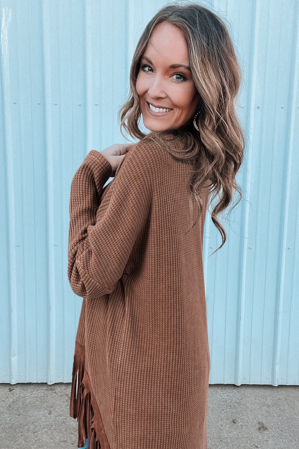 Coffee Waffle Knit Fringed High Low Loose Top-Chaelisa's New Jammies