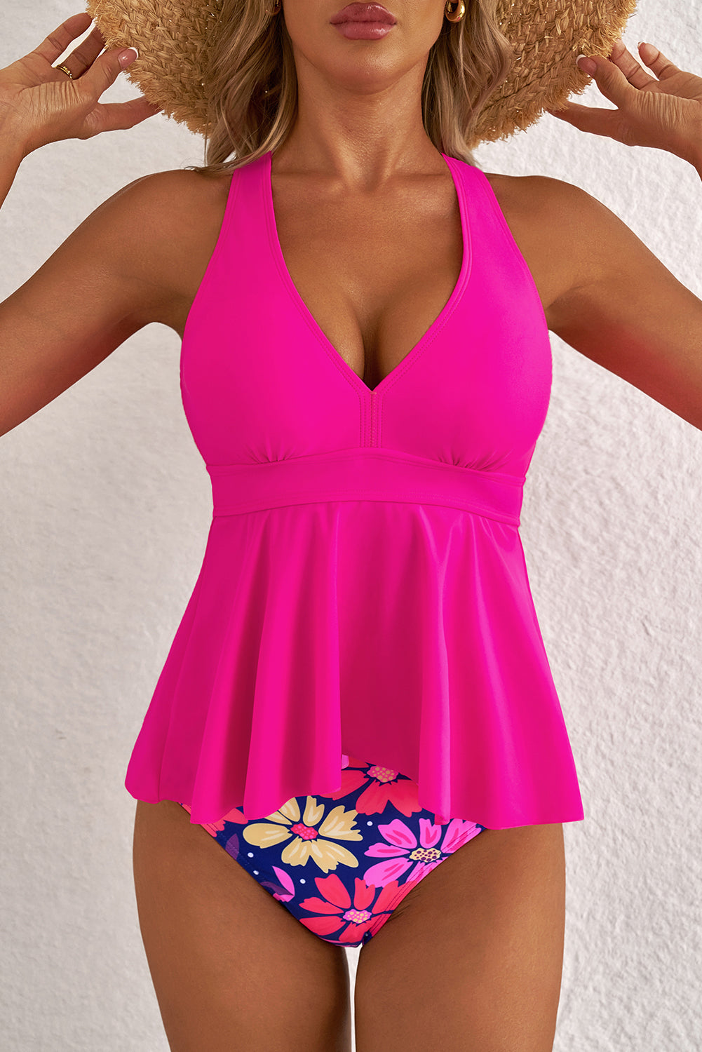 Rose V Neck Ruffled Hem Floral Bottom Tankini Set-Chaelisa's New Jammies