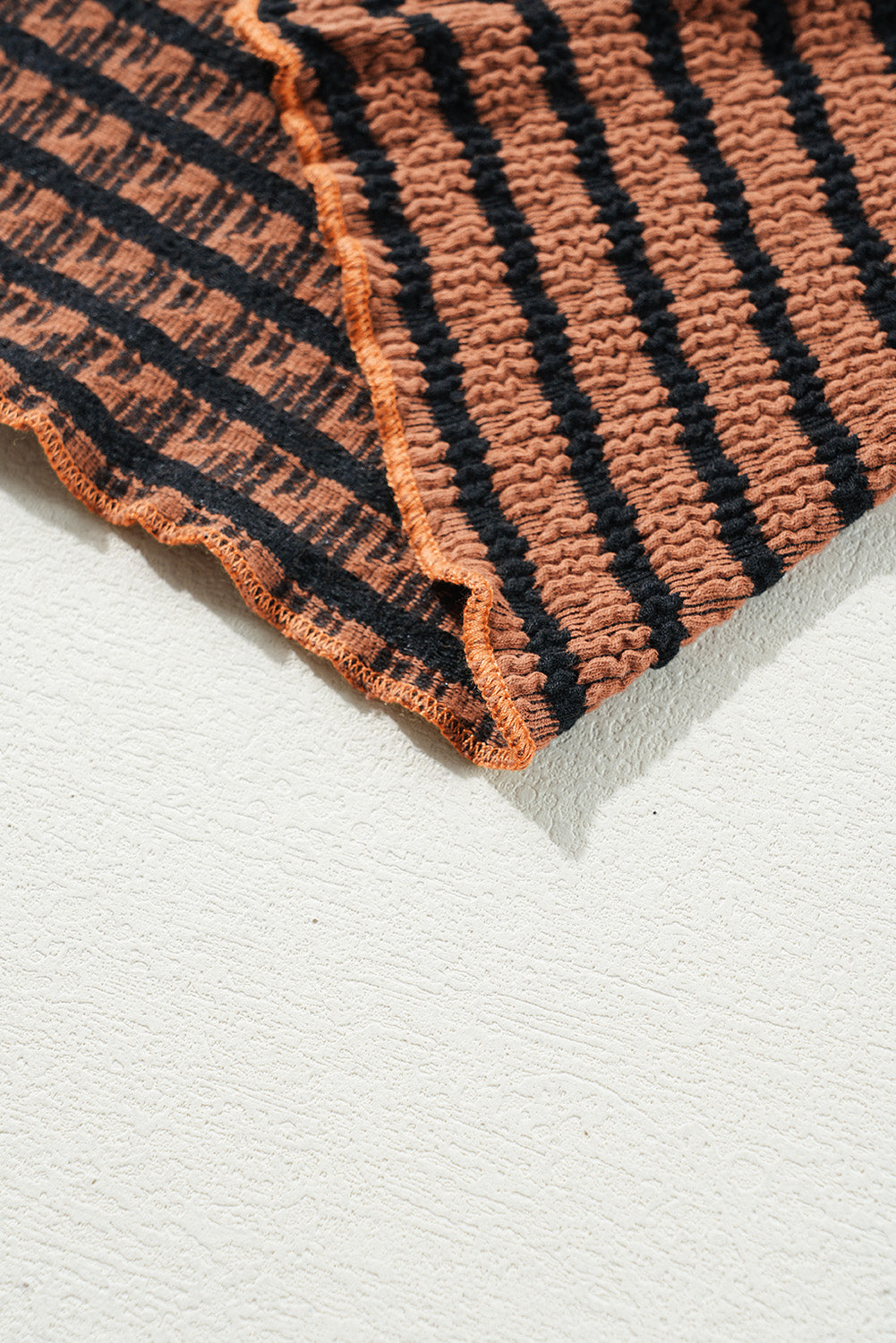 Brown Stripe Textured Frilly Trim Buttons Henley Long Sleeve Top-Chaelisa's New Jammies