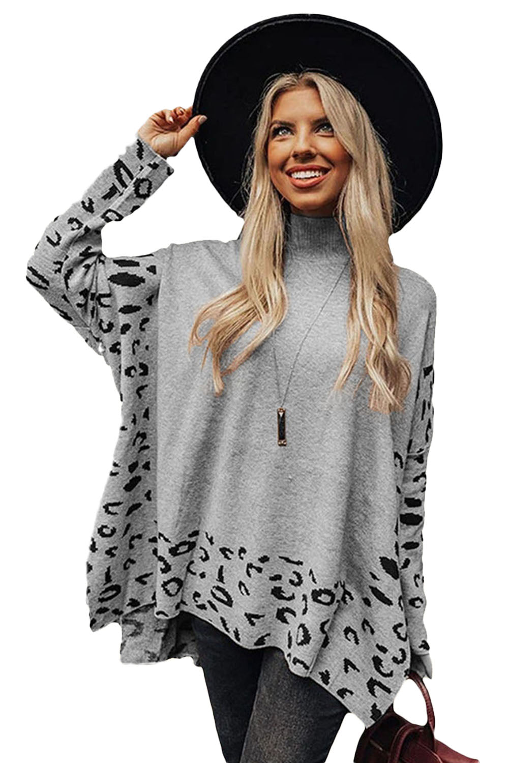 Khaki Leopard Casual Side Slit High Neck Oversized Sweater-Chaelisa's New Jammies
