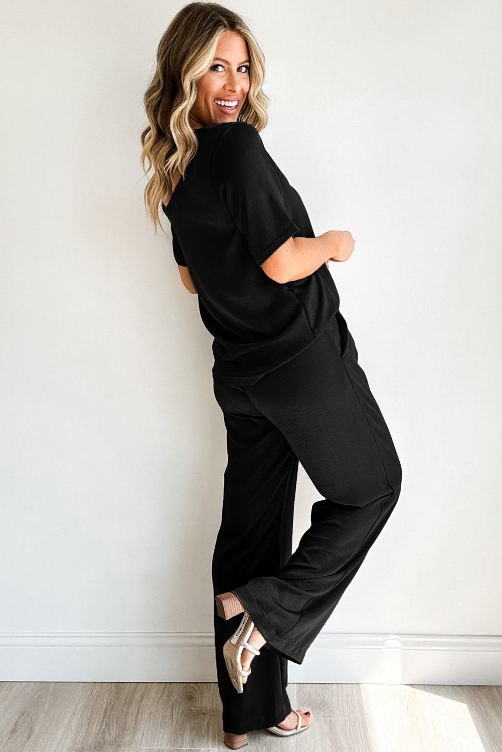 Black Solid Color T Shirt 2pcs Wide Leg Pants Set-Chaelisa's New Jammies