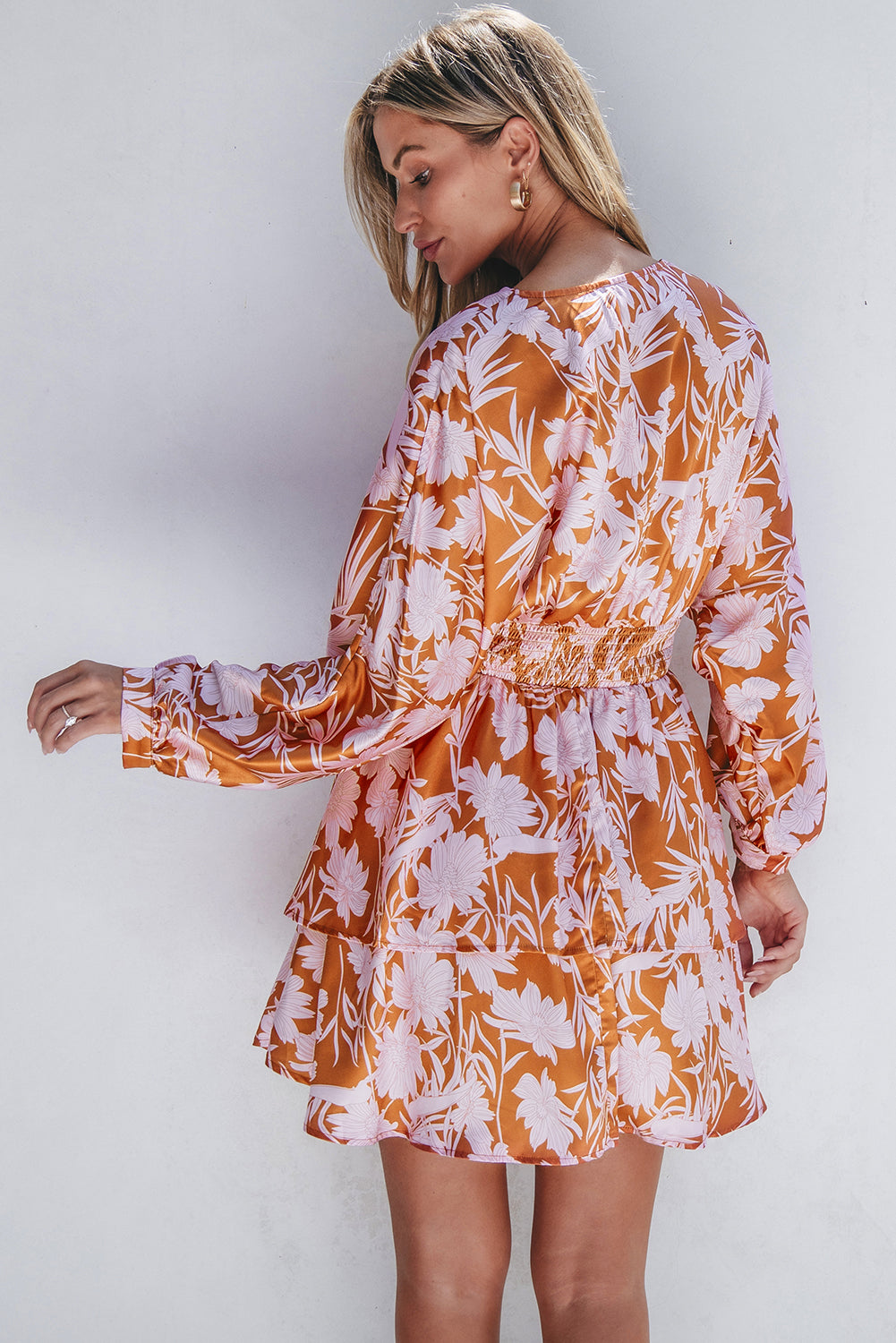 Brown Floral Puff Sleeve Smocked Waist Layered Dress-Chaelisa's New Jammies