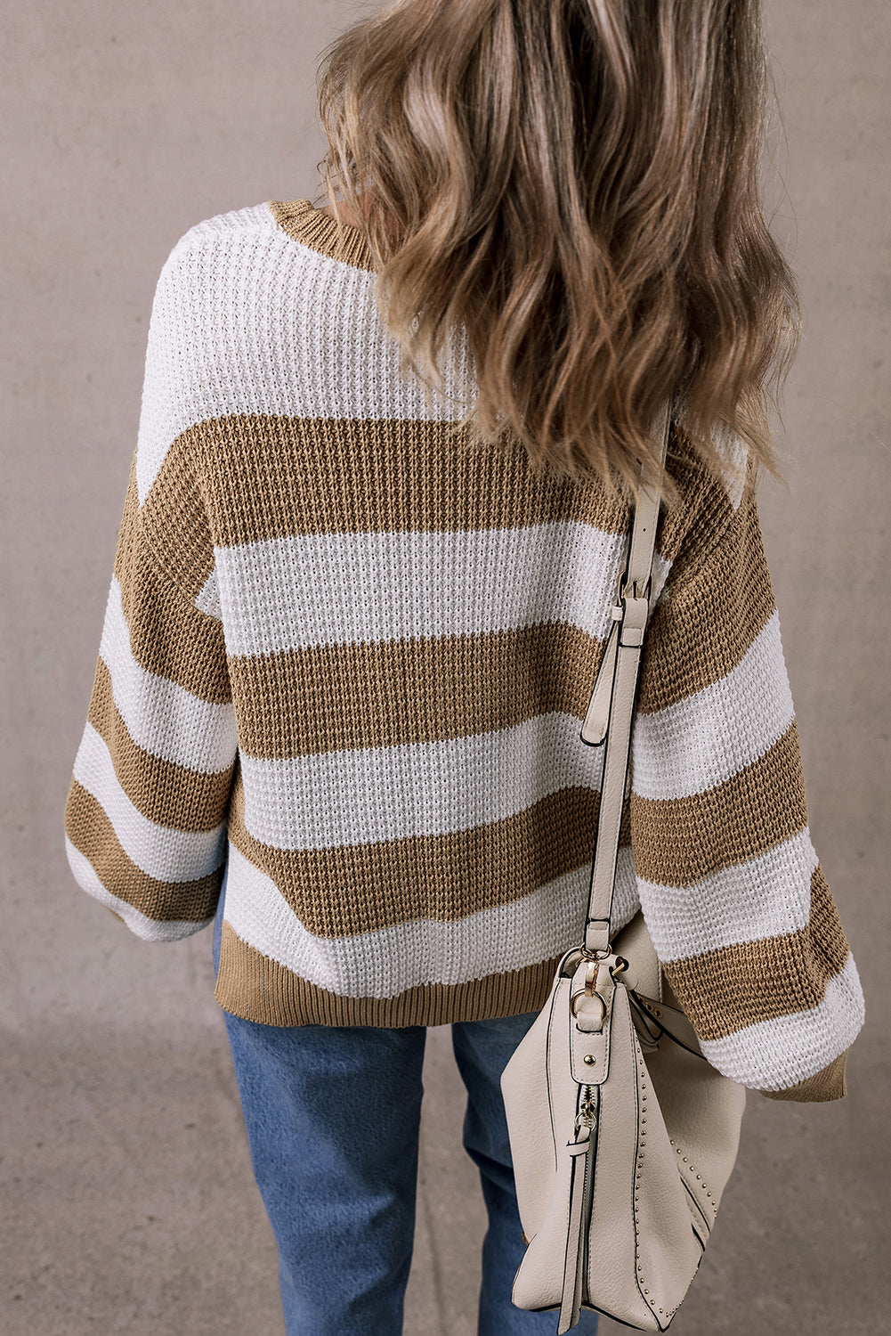 Light French Beige Colorblock Striped Drop Shoulder Side Slit Sweater-Chaelisa's New Jammies