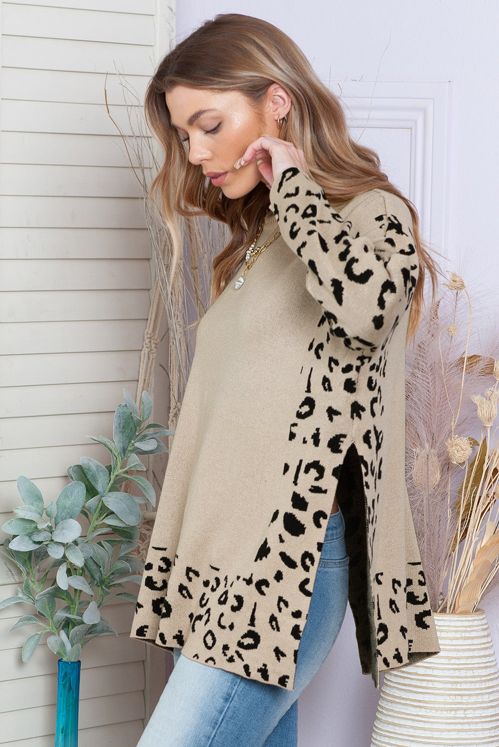 Khaki Leopard Casual Side Slit High Neck Oversized Sweater-Chaelisa's New Jammies