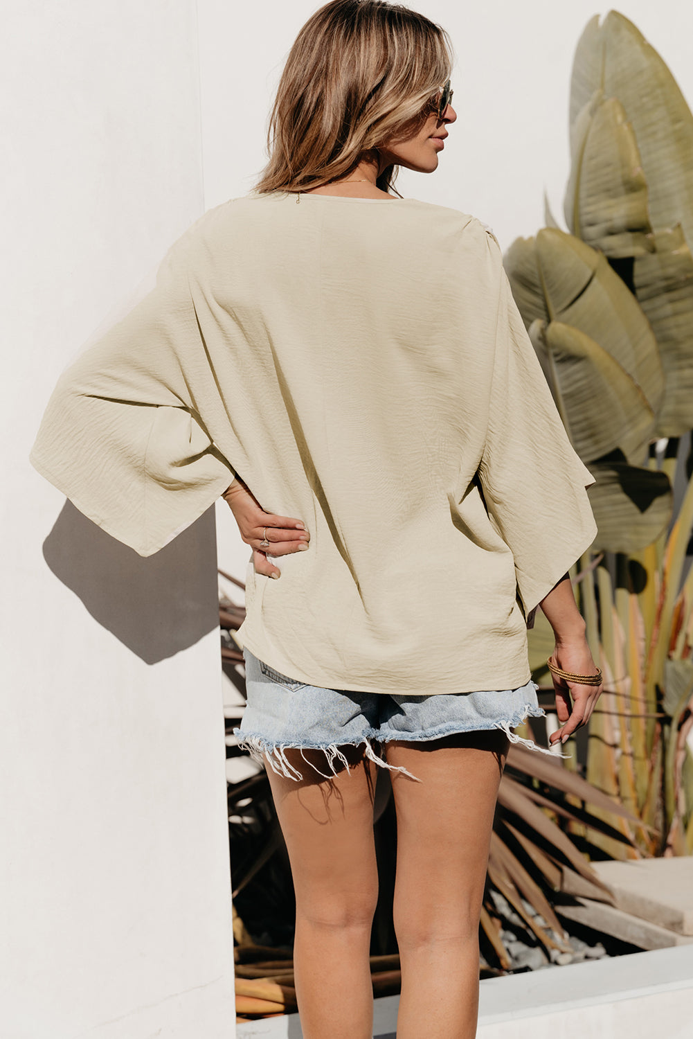 Parchment Solid V Neck Wide Sleeve Crinkled Blouse-Chaelisa's New Jammies