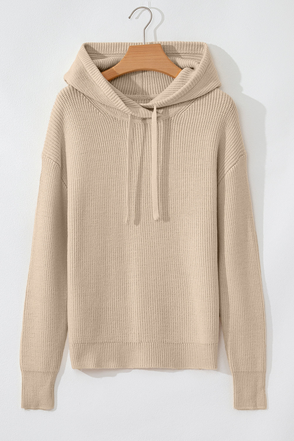 Beige Solid Color Drawstring Hooded Drop Shoulder Pullover Sweater-Chaelisa's New Jammies