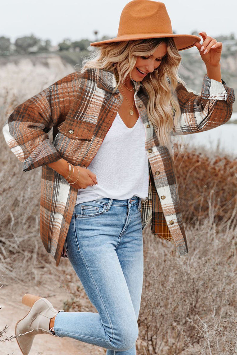Brown Plaid Flap Pockets Shacket-Chaelisa's New Jammies
