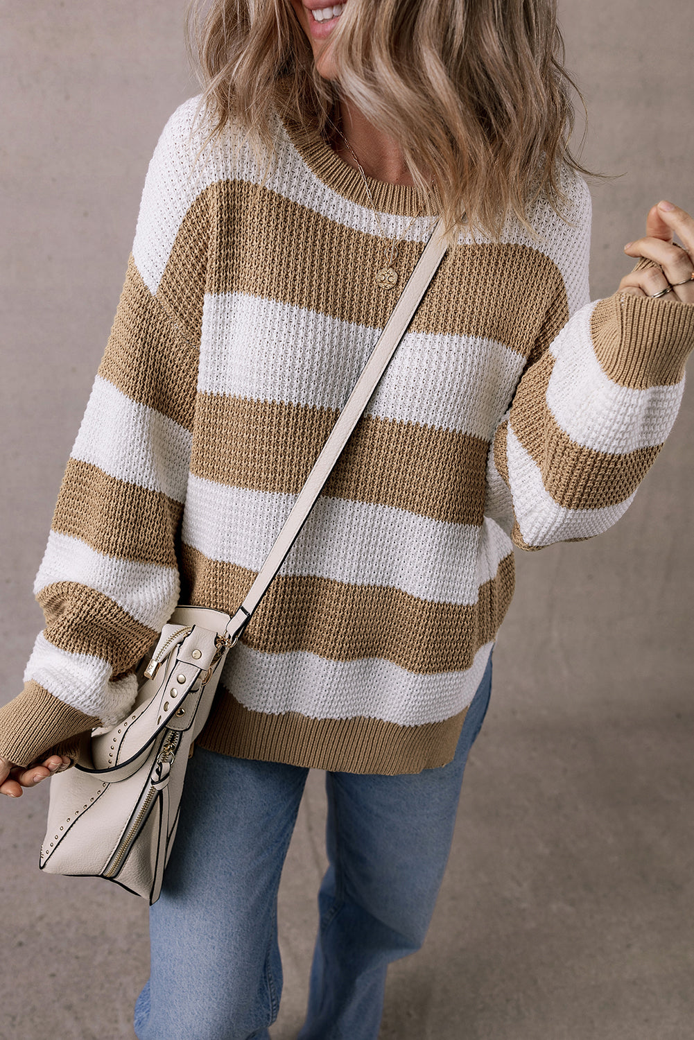 Light French Beige Colorblock Striped Drop Shoulder Side Slit Sweater-Chaelisa's New Jammies