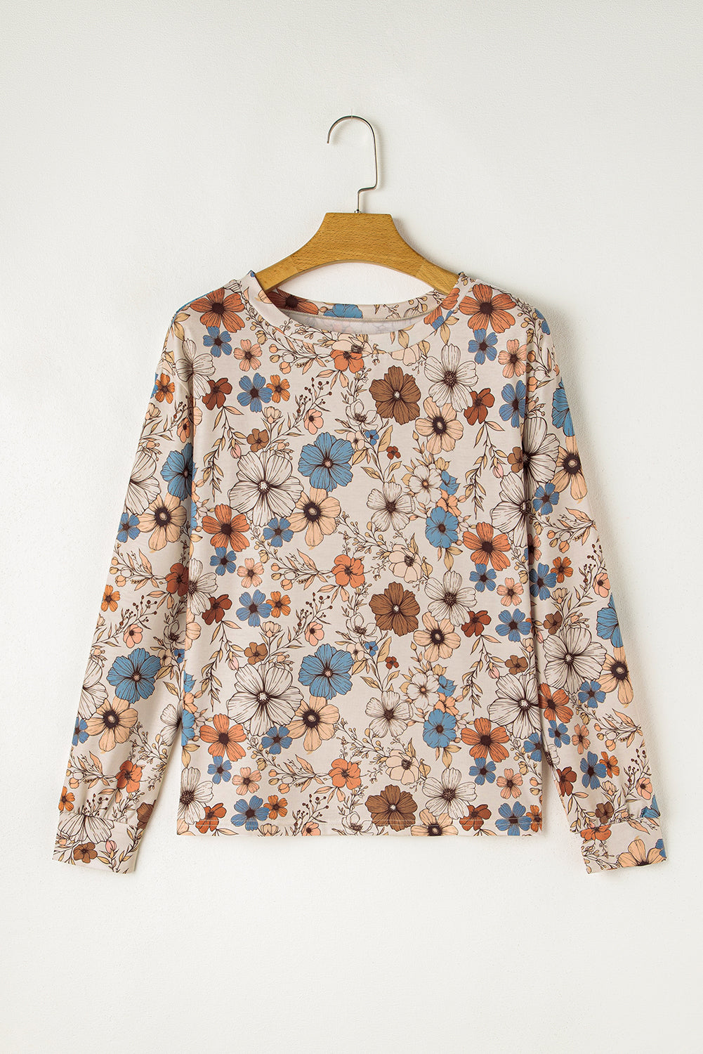Khaki Floral Print Loose Crew Neck Long Sleeve T Shirt-Chaelisa's New Jammies