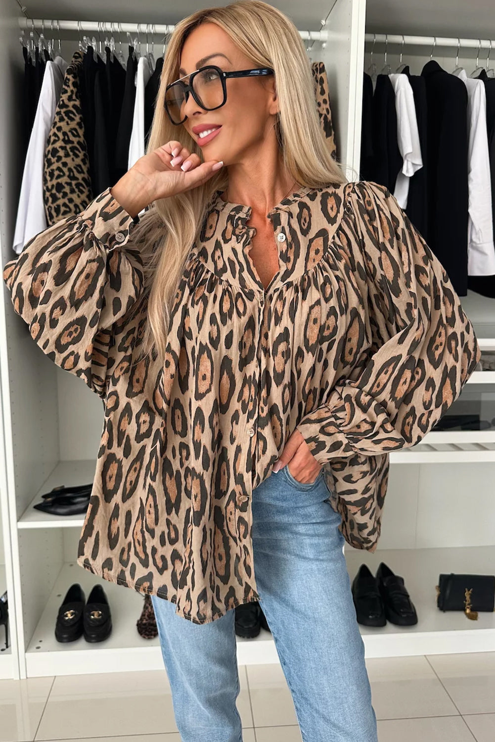 Light French Beige Oversized Leopard Print Balloon Sleeve Casual Shirt-Chaelisa's New Jammies
