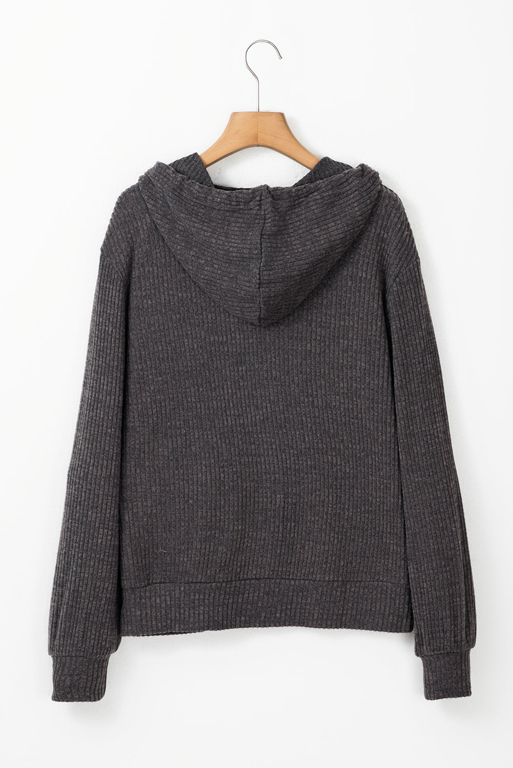 Dark Grey Ribbed Zip Up Front Drawstring Hoodie-Chaelisa's New Jammies