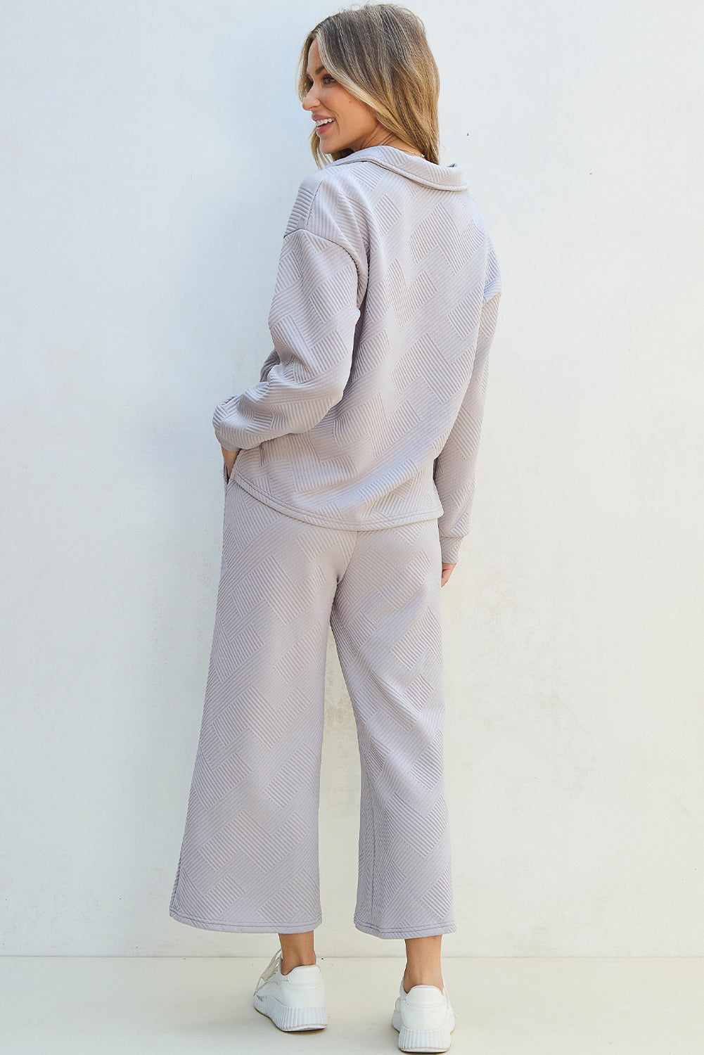 Light Grey Solid Textured Collared V Neck Top and Wide Leg Pants Set-Chaelisa's New Jammies