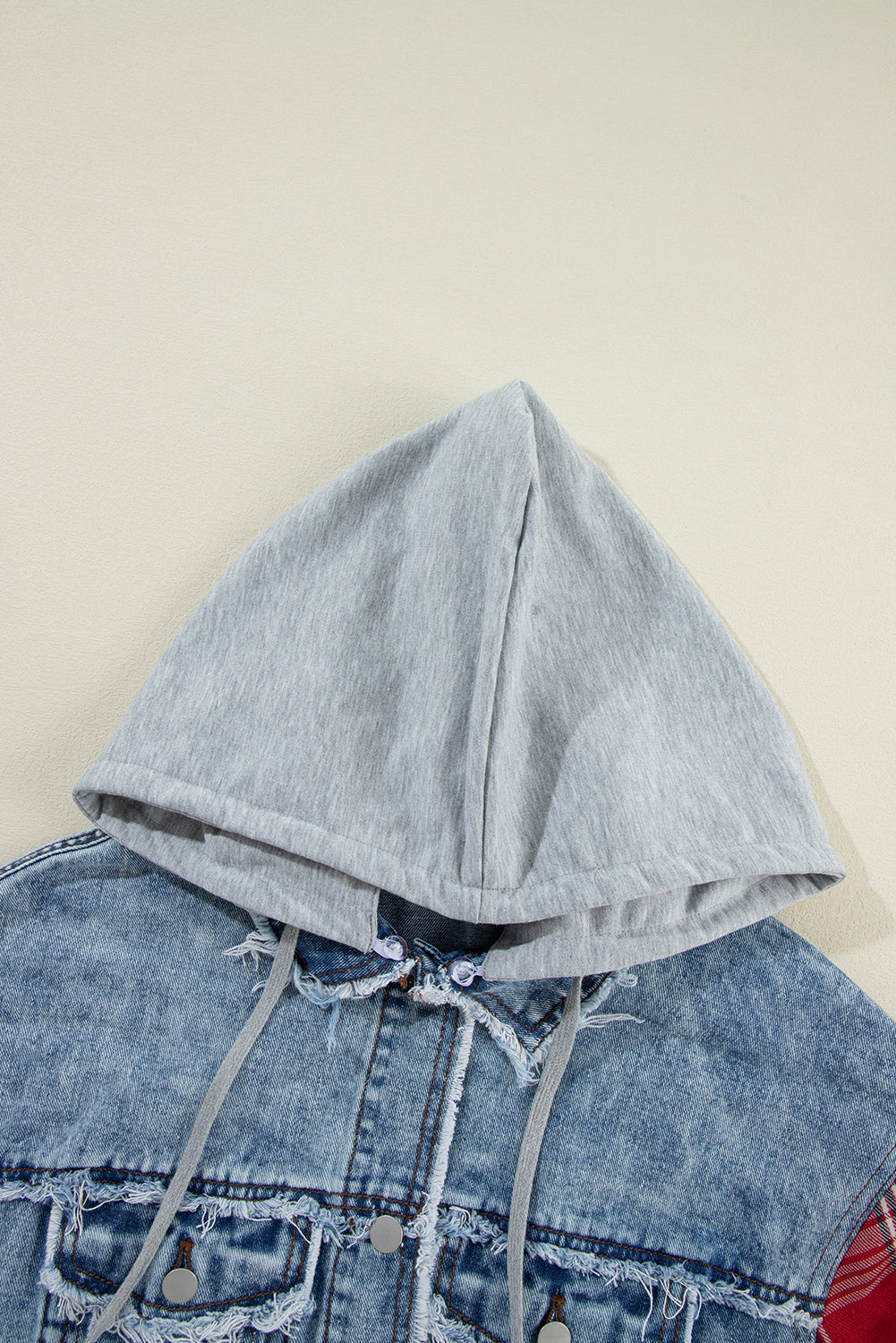 Beau Blue Plaid Print Patchwork Hooded Raw Hem Denim Jacket-Chaelisa's New Jammies