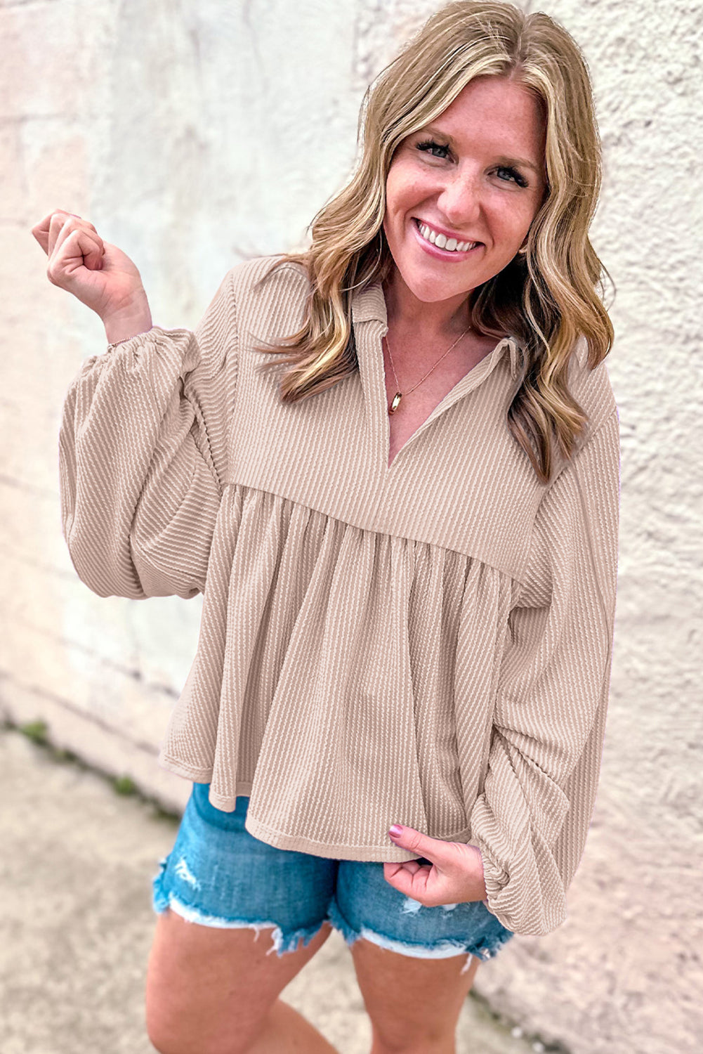 Parchment Corded Turn-down V Neck Bubble Sleeve Babydoll Blouse-Chaelisa's New Jammies