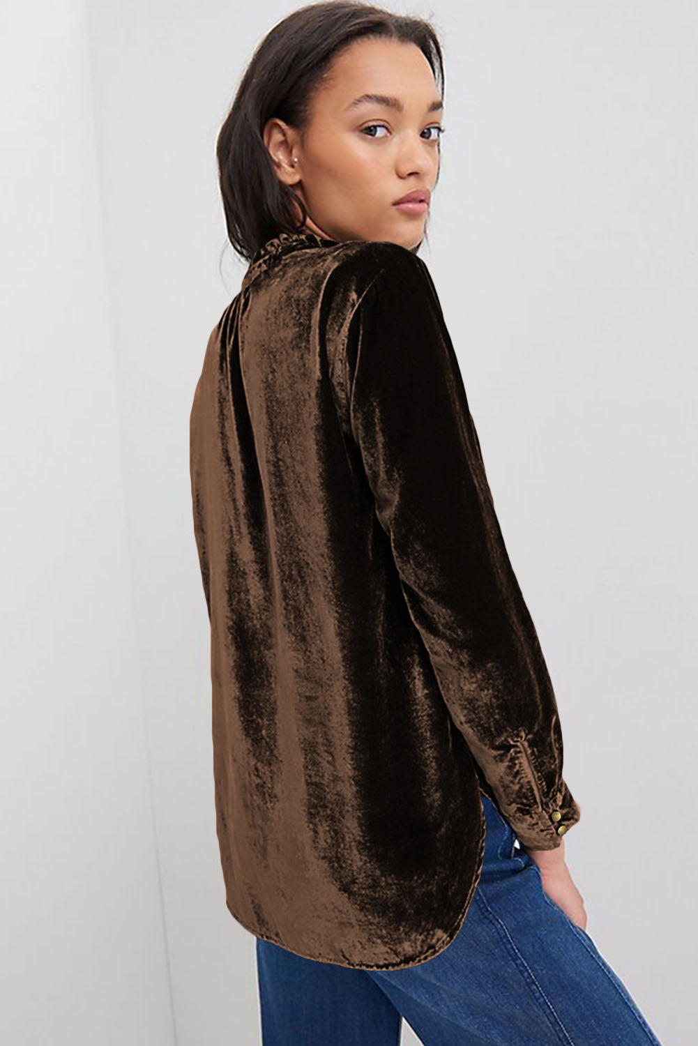Navy Blue Frilled Buttoned V Neck Velvet Blouse-Chaelisa's New Jammies