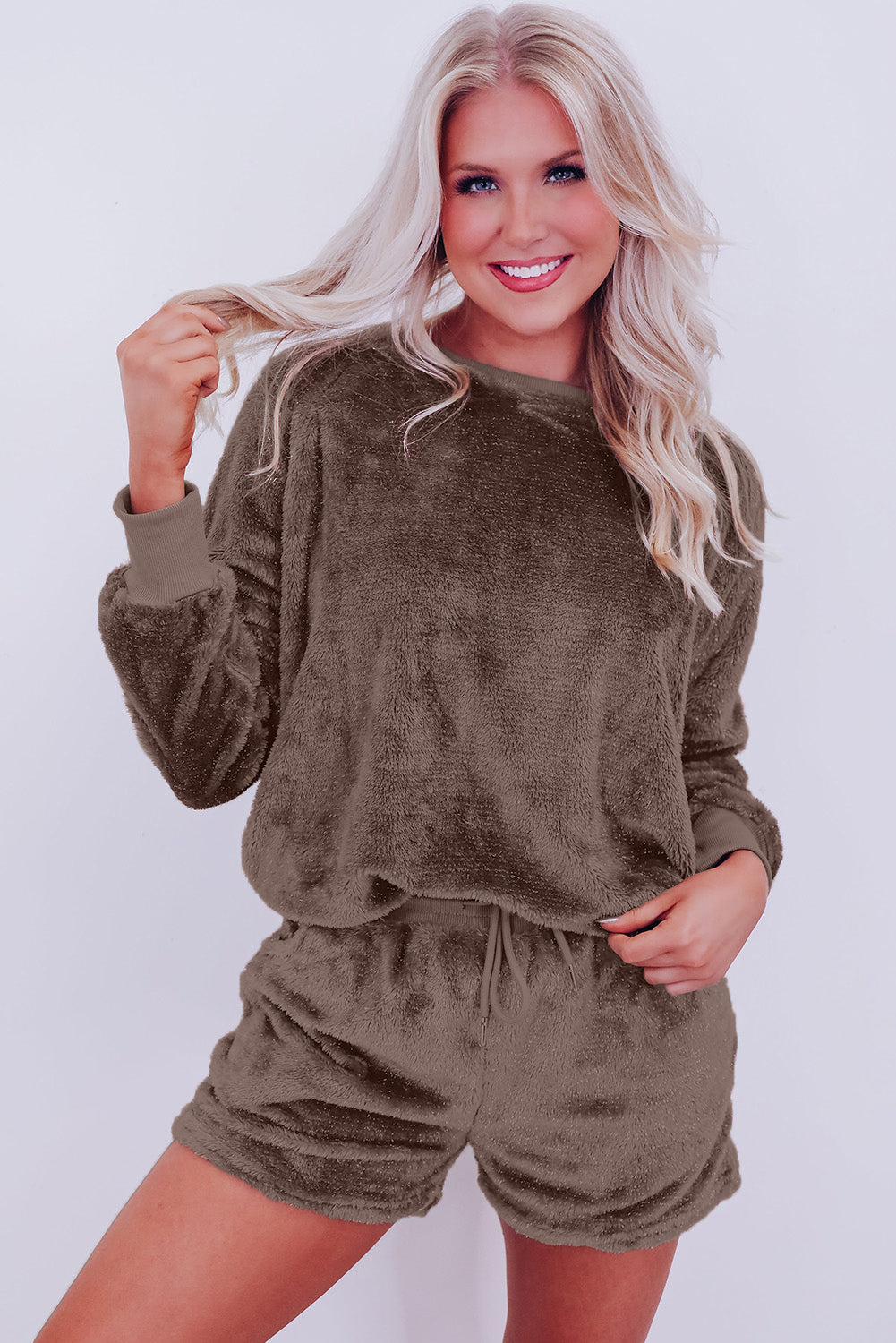 Coffee Solid Loose Fit Two Piece Fleece Lounge Set-Chaelisa's New Jammies