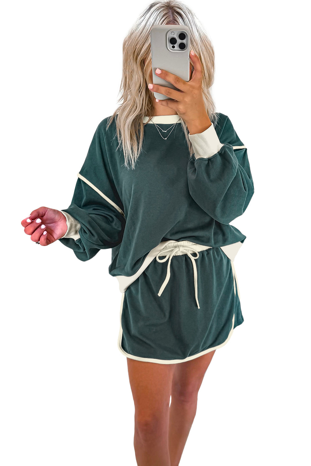 Evergreen Color Contrast Loose Pullover and Lace-up Waist Skort Set-Chaelisa's New Jammies