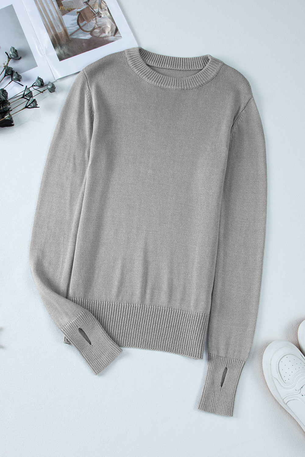 Gray Solid Color Thumbhole Sleeve Ribbed Edge Sweater-Chaelisa's New Jammies