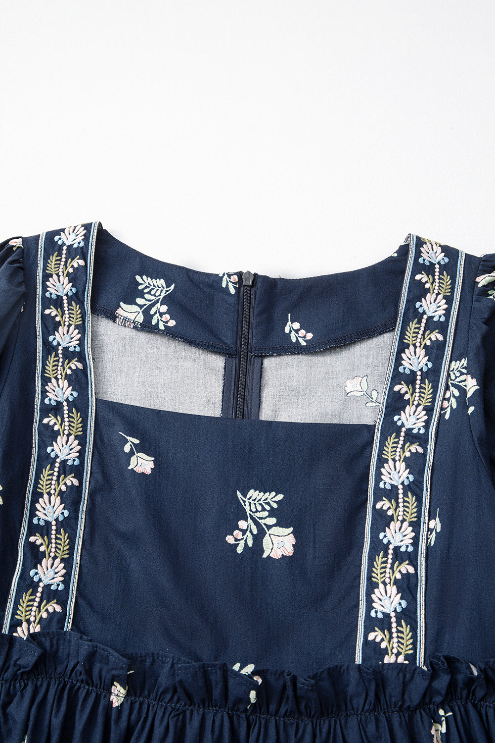 Blue Floral Embroidered Square Neck Puff Sleeve Ruffled Mini Dress-Chaelisa's New Jammies