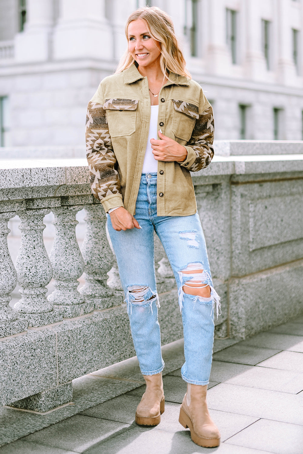 Khaki Aztec Print Patchwork Frayed Edge Corduroy Jacket-Chaelisa's New Jammies