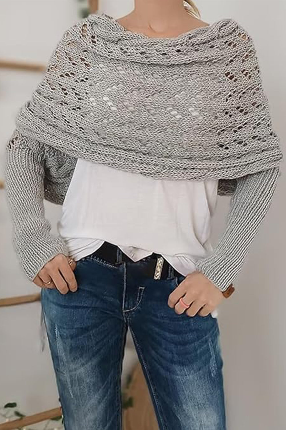 Gray Cross Detail Hollowed Knit Scarf with Sleeves-Chaelisa's New Jammies