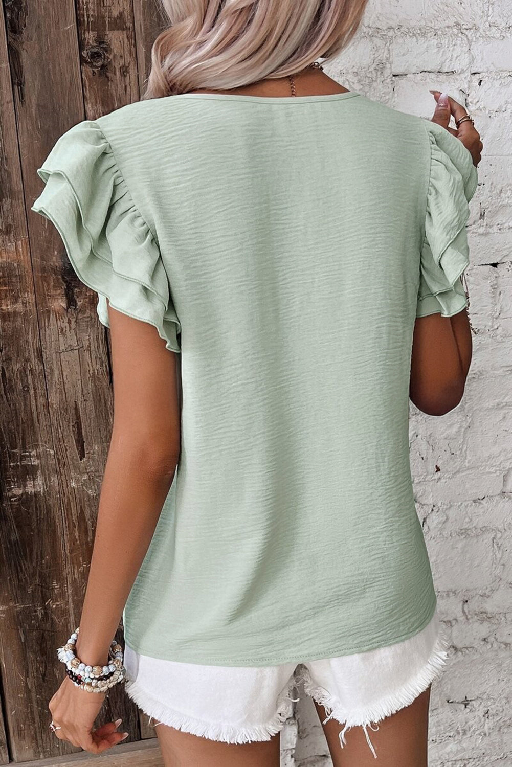 Clearly Aqua Solid Color Ruffled Short Sleeve Casual Blouse-Chaelisa's New Jammies