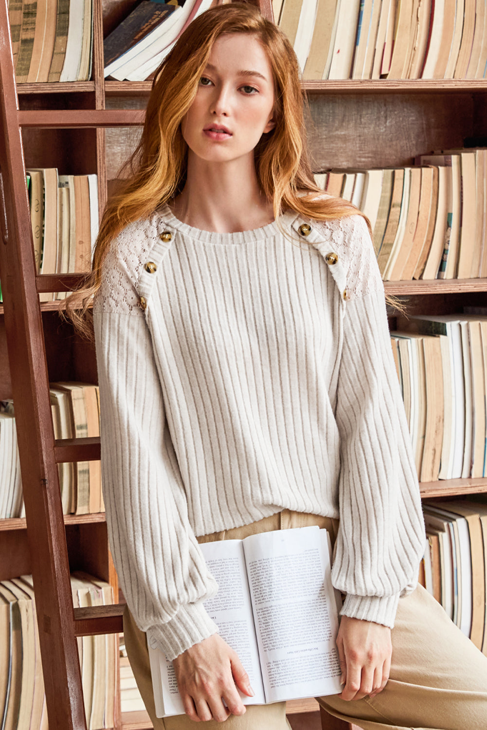 Parchment Contrast Lace Raglan Sleeve Buttoned Ribbed Top-Chaelisa's New Jammies