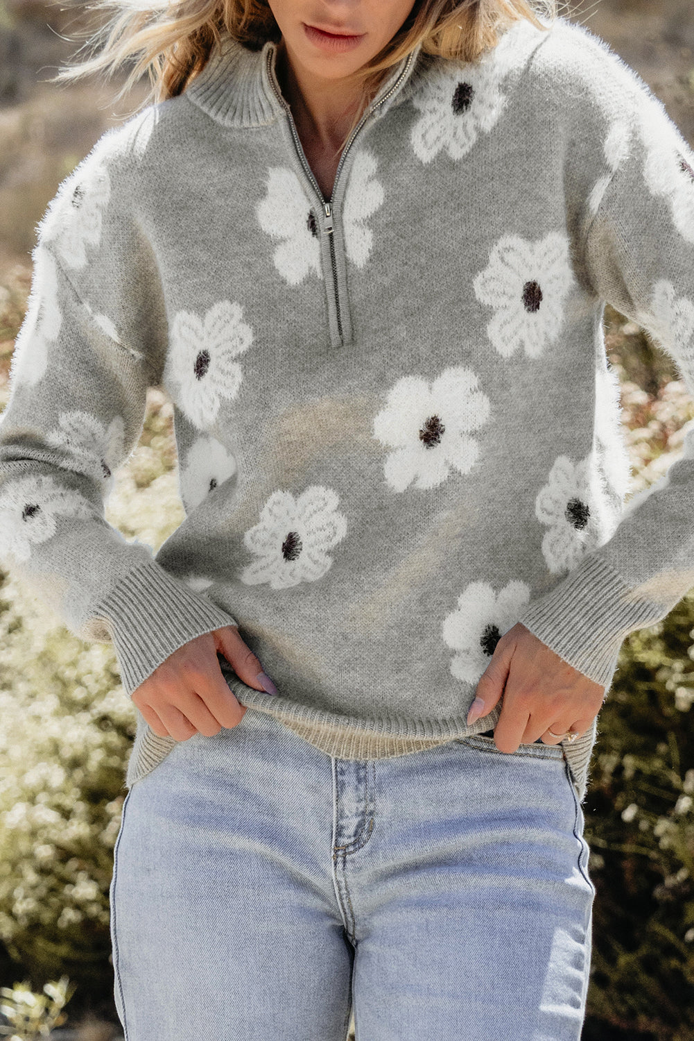 Gray Floral Pattern Half Zip Drop Shoulder Sweater-Chaelisa's New Jammies